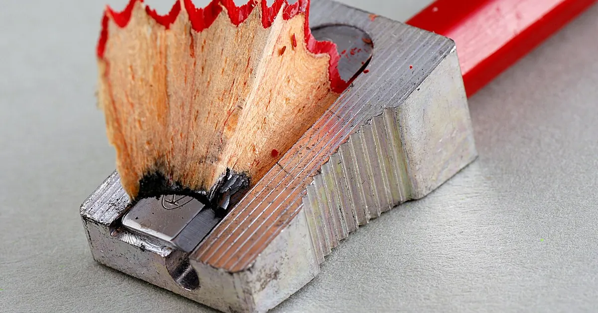 Crayon dans un taille-crayon, copeaux en corolle