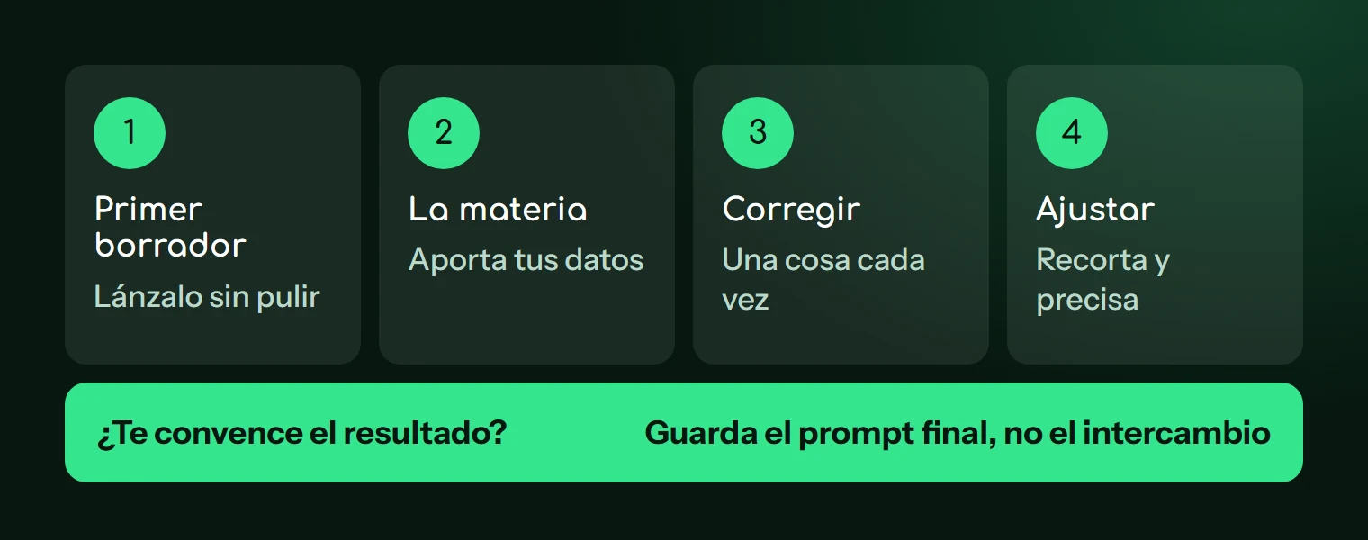 Las cuatro rondas: primer borrador, material, corrección puntual, afinar y después conservar el prompt final